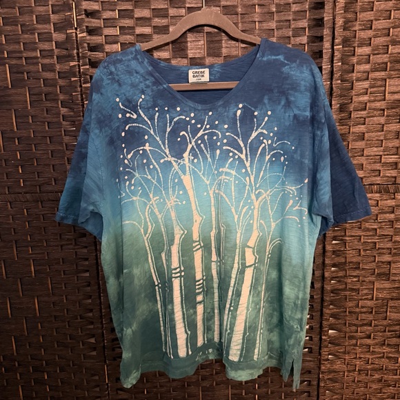 Tops - 🌿 Grebe Batik Bamboo Tree Tie Dye Top XL Blue Green Artsy Cotton Handmade
